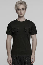 Black Round Collar Short Sleeves Pocket Denim Men's Punk T-Shirt